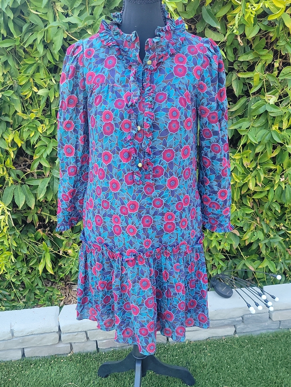 Marc By Marc Jacobs Teal and Magenta Floral Ruffle-Trim Long-Sleeve Dress 2